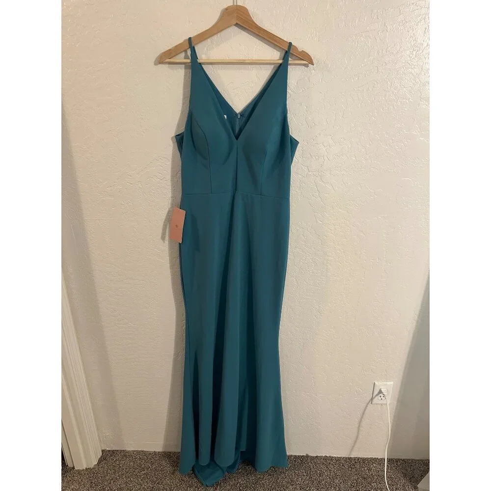Y NWT BHLDN Turquoise Jones V Neck Structured Mermaid Style formal Maxi Gown - Picture 2 of 13